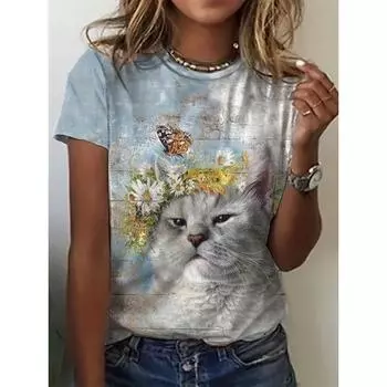 Летний топ с круглым вырезом и принтом 3D Cat, модные повседневные женские футболки с короткими рукавами XS
