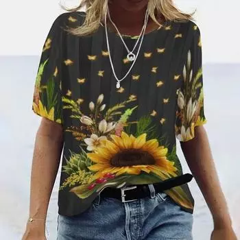 Летний топ с круглым вырезом и принтом 3D-подсолнухов, модные повседневные женские футболки с короткими рукавами 6XL