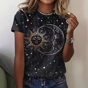 Летний топ с круглым вырезом и принтом 3D «Солнце и Луна», модные повседневные женские футболки с короткими рукавами XS