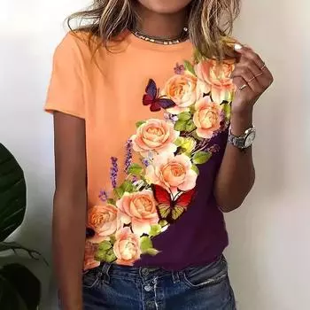 Летний топ с круглым вырезом и принтом 3D-цветов, модные повседневные женские футболки с короткими рукавами XS