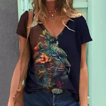 Летний топ с принтом 3D Tiger Pattern, модные повседневные женские футболки с короткими рукавами S