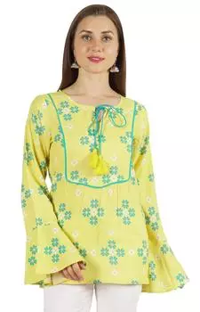 Летний топ с принтом Moomaya для женщин, повседневная туника в этническом стиле с длинными рукавами 2XL лаймовый