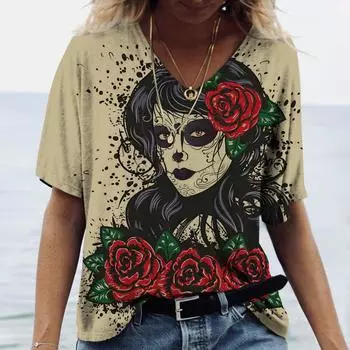 Летний топ с V-образным вырезом и принтом в виде 3D-розы, модные повседневные женские футболки с короткими рукавами S