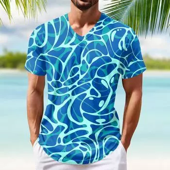Летний топ с V-образным вырезом и принтом 3D-листьев, модные повседневные свободные футболки с короткими рукавами для мужчин XL