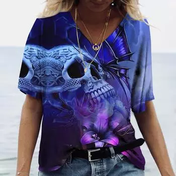 Летний топ с V-образным вырезом и принтом 3D черепа и розы, модные повседневные женские футболки с короткими рукавами S