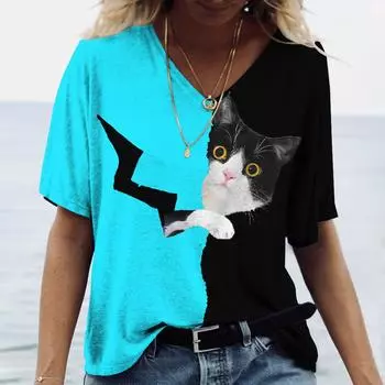 Летний топ с V-образным вырезом и 3D-цветным принтом в виде кота, модные повседневные женские футболки с короткими рукавами S