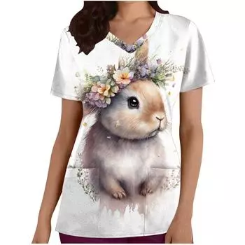 Летний топ с V-образным вырезом и принтом 3D-кролика, модные повседневные женские футболки с короткими рукавами S
