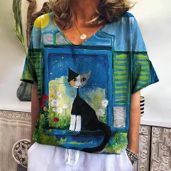 Летний топ с V-образным вырезом и принтом 3D мультяшного кота, модные повседневные женские футболки с короткими рукавами S