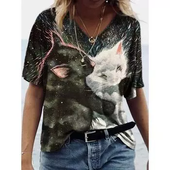 Летний топ с V-образным вырезом и принтом 3D кошки и собаки, модные повседневные женские футболки с короткими рукавами S