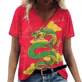 Летний топ с V-образным вырезом и принтом 3D-дракона, модные повседневные женские футболки с короткими рукавами S