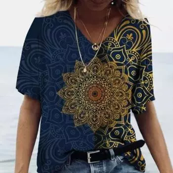 Летний топ с V-образным вырезом и 3D-принтом, модные повседневные женские футболки с короткими рукавами S