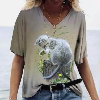 Летний топ с V-образным вырезом и принтом 3D Cat, модные повседневные женские футболки с короткими рукавами XS