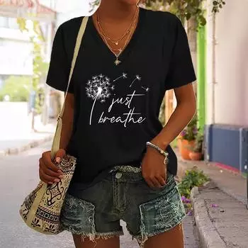 Летний топ с V-образным вырезом и 3D-принтом в виде одуванчика и стрекозы, модные повседневные женские футболки с короткими рукавами S