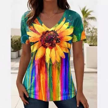 Летний топ с V-образным вырезом и 3D-цветным принтом подсолнухов, модные повседневные женские футболки с короткими рукавами S