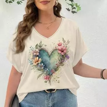 Летний топ с V-образным вырезом и 3D-цветочным принтом, модные повседневные женские футболки больших размеров с короткими рукавами 7XL