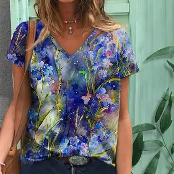 Летний топ с V-образным вырезом и 3D-цветочным принтом, модные повседневные женские футболки с короткими рукавами S