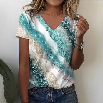 Летний топ с V-образным вырезом и 3D-цветочным градиентным принтом, модные повседневные женские футболки с короткими рукавами XS