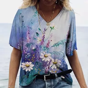Летний топ с V-образным вырезом и 3D-принтом в виде бабочек и цветов, модные повседневные женские футболки с короткими рукавами XS