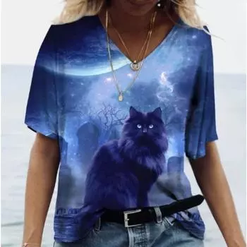 Летний топ с V-образным вырезом и принтом 3D Cat, модные повседневные женские футболки с короткими рукавами S