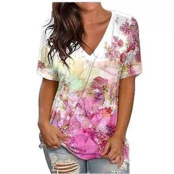 Летний топ с V-образным вырезом и 3D-принтом, модные повседневные женские футболки с короткими рукавами S