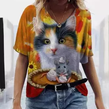 Летний топ с V-образным вырезом и принтом 3D Cat, модные повседневные женские футболки с короткими рукавами S