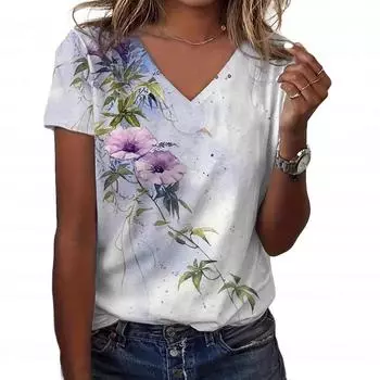 Летний топ с V-образным вырезом и 3D-цветочным принтом, модные повседневные женские футболки с короткими рукавами S