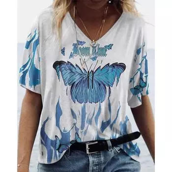 Летний топ с V-образным вырезом и 3D-принтом в виде животных, модные повседневные женские футболки с короткими рукавами S