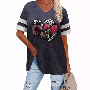 Летний топ с V-образным вырезом и принтом 3D Love Sunflower, модные повседневные женские футболки с короткими рукавами XL