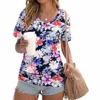 Летний топ с V-образным вырезом и 3D-цветочным принтом, модные повседневные женские футболки с короткими рукавами 3XL