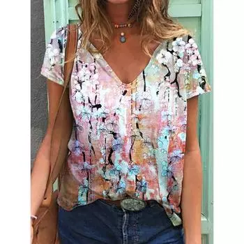 Летний топ с V-образным вырезом и 3D-цветочным принтом, модные повседневные женские футболки с короткими рукавами S
