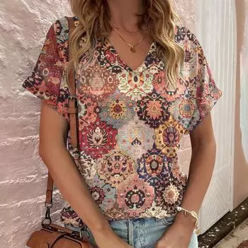 Летний топ с V-образным вырезом и 3D-принтом в стиле ретро, модные повседневные женские футболки с короткими рукавами S