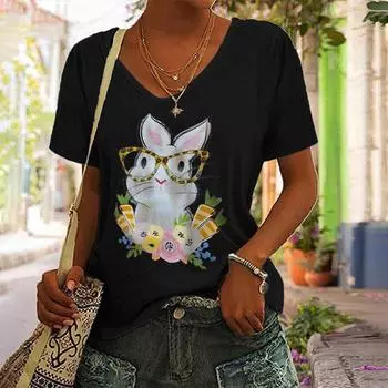 Летний топ с V-образным вырезом и принтом 3D-кролика, модные повседневные женские футболки с короткими рукавами S