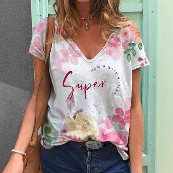 Летний топ с V-образным вырезом и 3D-алфавитом ко Дню матери с цветочным принтом, модные повседневные женские футболки с короткими рукавами S