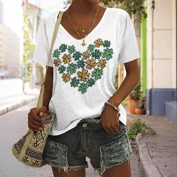 Летний топ с V-образным вырезом и принтом 3D Clover, модные повседневные женские футболки с короткими рукавами S