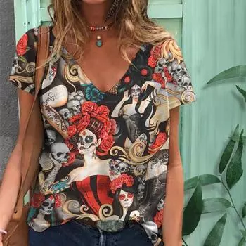 Летний топ с V-образным вырезом и принтом 3D-скелета, модные повседневные женские футболки с короткими рукавами S