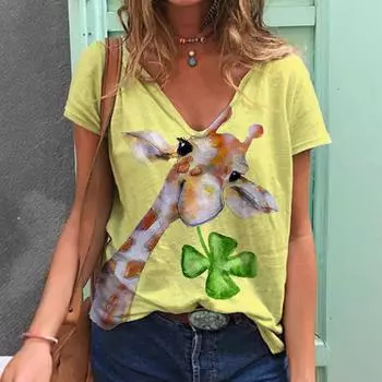 Летний топ с V-образным вырезом и 3D-принтом в виде животных и цветов, модные повседневные женские футболки с короткими рукавами S