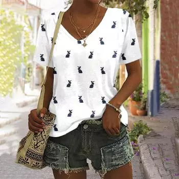 Летний топ с V-образным вырезом и принтом 3D-кролика, модные повседневные женские футболки с короткими рукавами S