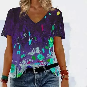 Летний топ с V-образным вырезом и принтом в стиле 3D-граффити, модные повседневные женские футболки с короткими рукавами S
