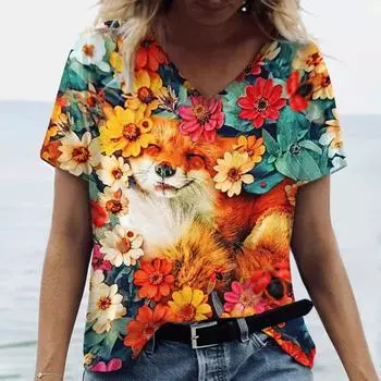Летний топ с V-образным вырезом и 3D-принтом в виде животных, модные повседневные женские футболки с короткими рукавами S