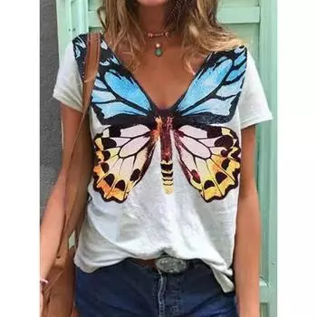 Летний топ с V-образным вырезом и 3D-принтом, модные повседневные женские футболки с короткими рукавами S