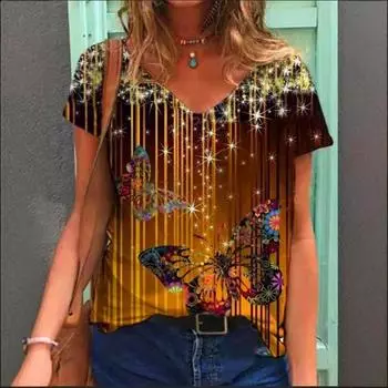 Летний топ с V-образным вырезом и принтом 3D-бабочки, модные повседневные женские футболки с короткими рукавами S
