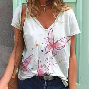 Летний топ с V-образным вырезом и принтом 3D-бабочки, модные повседневные женские футболки с короткими рукавами S