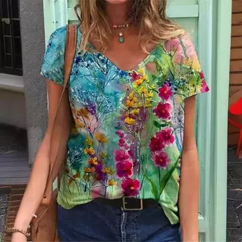 Летний топ с V-образным вырезом и 3D-цветным принтом масляной живописи, модные повседневные женские футболки с короткими рукавами S