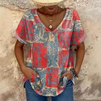 Летний топ с V-образным вырезом и 3D-принтом в стиле ретро, модные повседневные женские футболки с короткими рукавами S