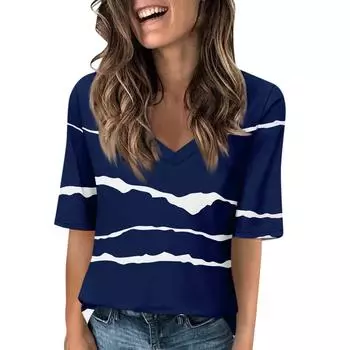 Летний топ с V-образным вырезом и 3D-градиентным принтом, модные повседневные женские футболки с короткими рукавами S