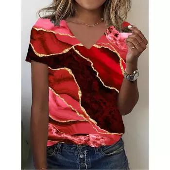 Летний топ с V-образным вырезом и 3D-градиентным принтом, модные повседневные женские футболки с короткими рукавами S