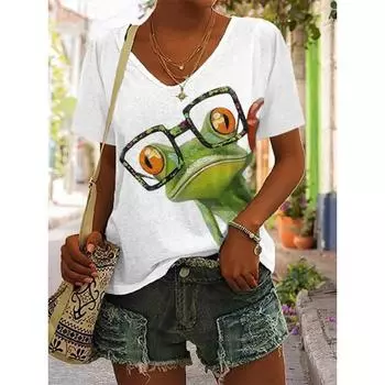 Летний топ с V-образным вырезом и 3D-принтом, модные повседневные женские футболки с короткими рукавами S