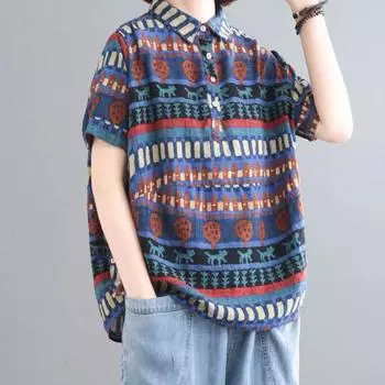 Летний топ с воротником на пуговицах и лацканами для женщин, блузка с цветочным принтом, повседневная свободная рубашка большого размера с коротким рукавом M темно-синий