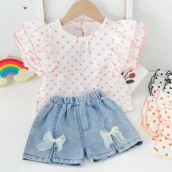 Летний топ в горошек для девочек, джинсовые шорты, костюм-двойка 90