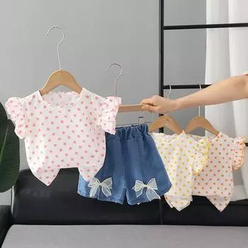 Летний топ в горошек с летающими рукавами для девочек 0-4 лет, джинсовые шорты, костюм, комплект одежды из 2 предметов 9-12m розовый
